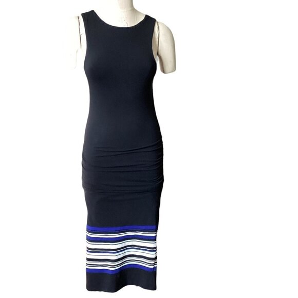 Athleta Midi Tank Dress Athleisure Sz XS Black Blue Gray Striped Border #196F - Picture 1 of 10